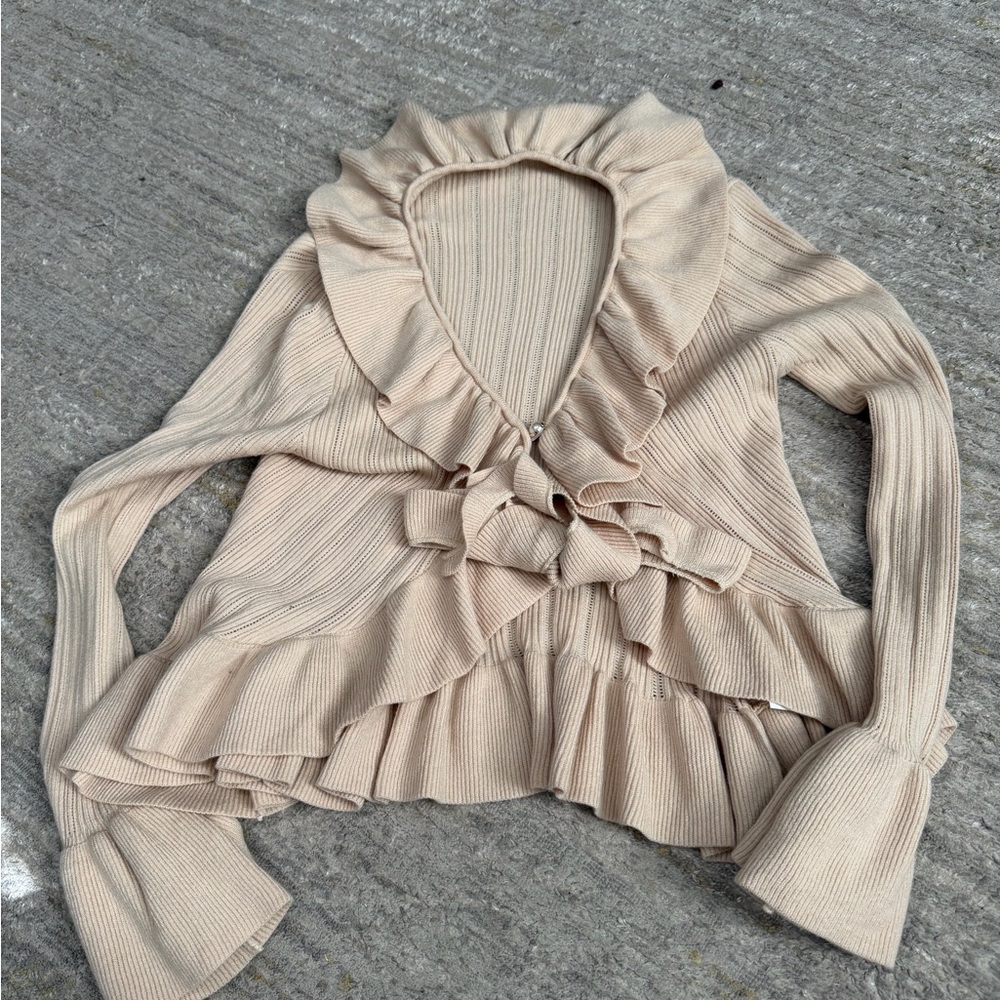 Beige Ruffle Ribbed Tie-Front Cardigan – Feminine Statement Top